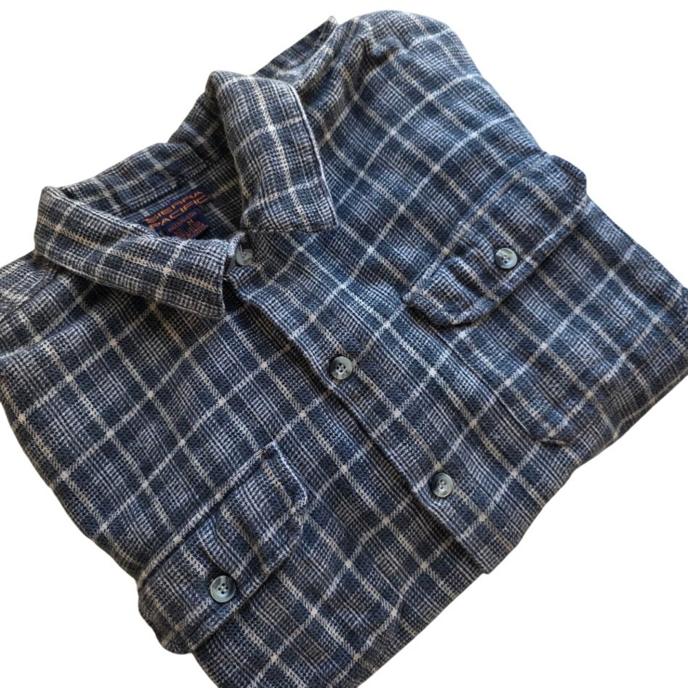Sierra Pacific Men's Plaid Flannel M Long Sleeve Shirt Blue Tan Casual Button Up